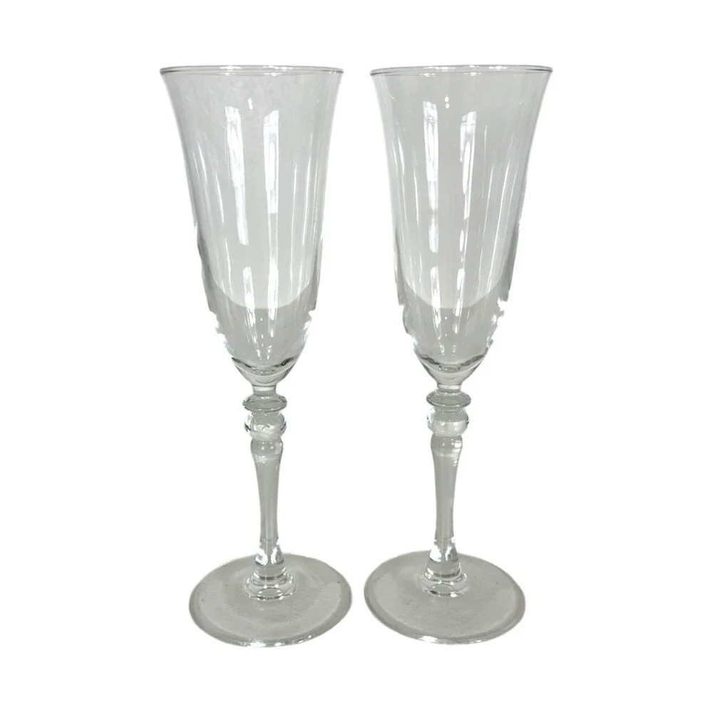 Vintage Clear Crystal Champagne Flutes Pair Trumpet Bowl Baluster Stem Glasses 2